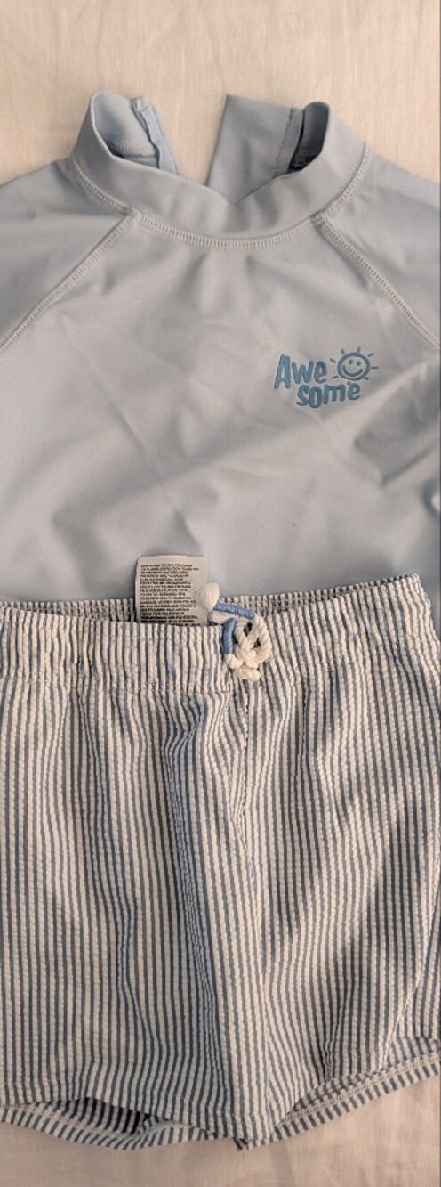 Light Blue "Awesome" Kids Swim Set with Seersucker Shorts